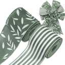 FYSUIMU Vintage Greenery Wired Edge Ribbon Retro Green Leaves Striped Ribbon Botanical Fabric Ribbons for Wreath Bow Making DIY Crafts Wrapping, 2 Rolls, 20 Yard