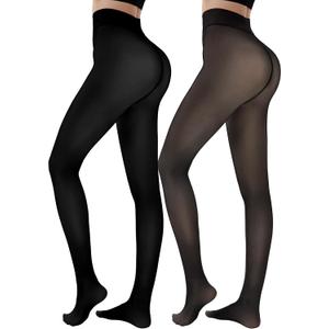 HONGTEYA 2 Pairs Fleece Lined Tights Women - Warm Sheer Pantyhose Fake Translucent Tights Winter Thermal Leggings (Large)