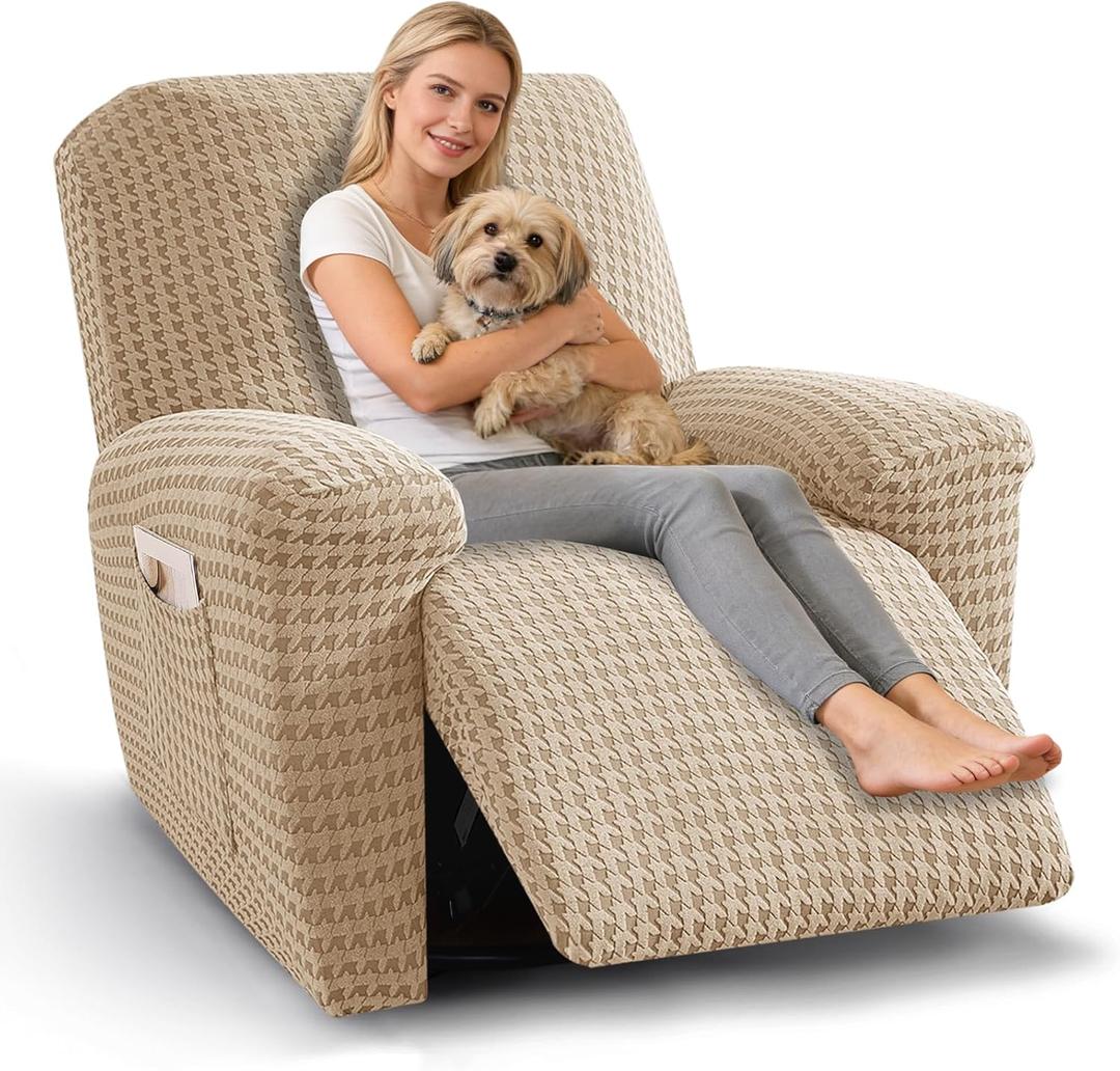 MAXIJIN Recliner Chair Cover, 3-Pieces Stretch Recliner Covers for Reclining Chair Slipcovers Washable Lazy Boy Furniture Protector with Pocket & Elastic Band (Khaki)