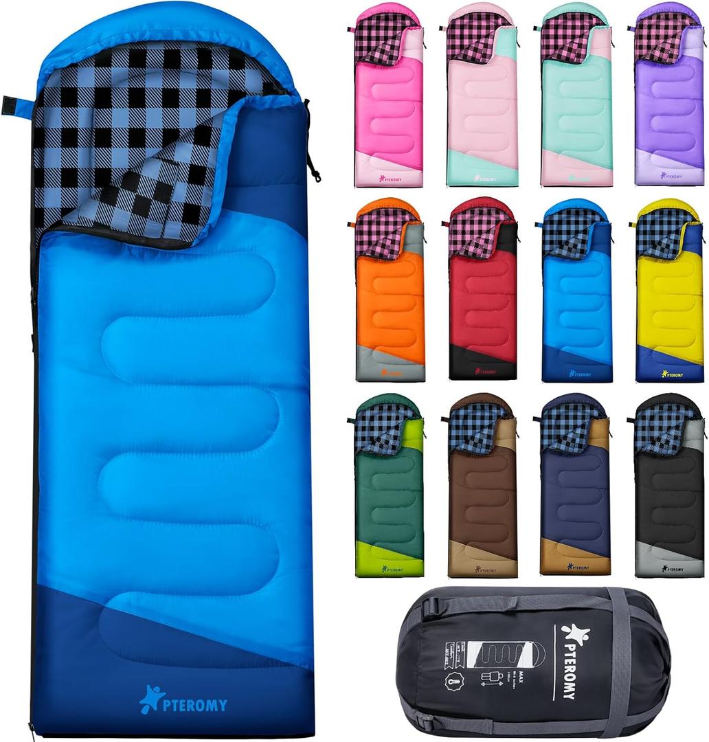 PTEROMY Sleeping Bags for Adults, Lightweight and Machine Washable, Water Resistant Backpacking Camping Sleeping Bag for Warm Cold Weather, Camping Essentials for Hiking Travel (Blue)