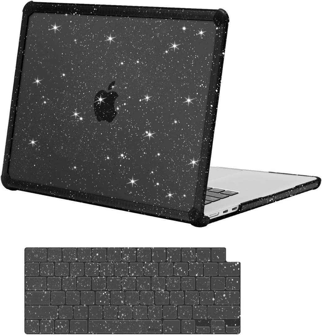 MOSISO Compatible with MacBook Air 15 inch Case 2025 2024 2023 M4 A3241 M3 A3114 M2 A2941,Anti-Cracking&Anti-Fingerprint Heavy Duty Glitter Plastic Hard Case with TPU Bumper&Keyboard Cover, Black