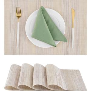 Leetaltree Lightsteel Beige with Yellow Placemats Set of 4 - Heat Resistant Non-Slip Place mats for Dining Table, Washable Durable PVC Vinyl Woven Table Mats (Lightsteel Beige, 4)