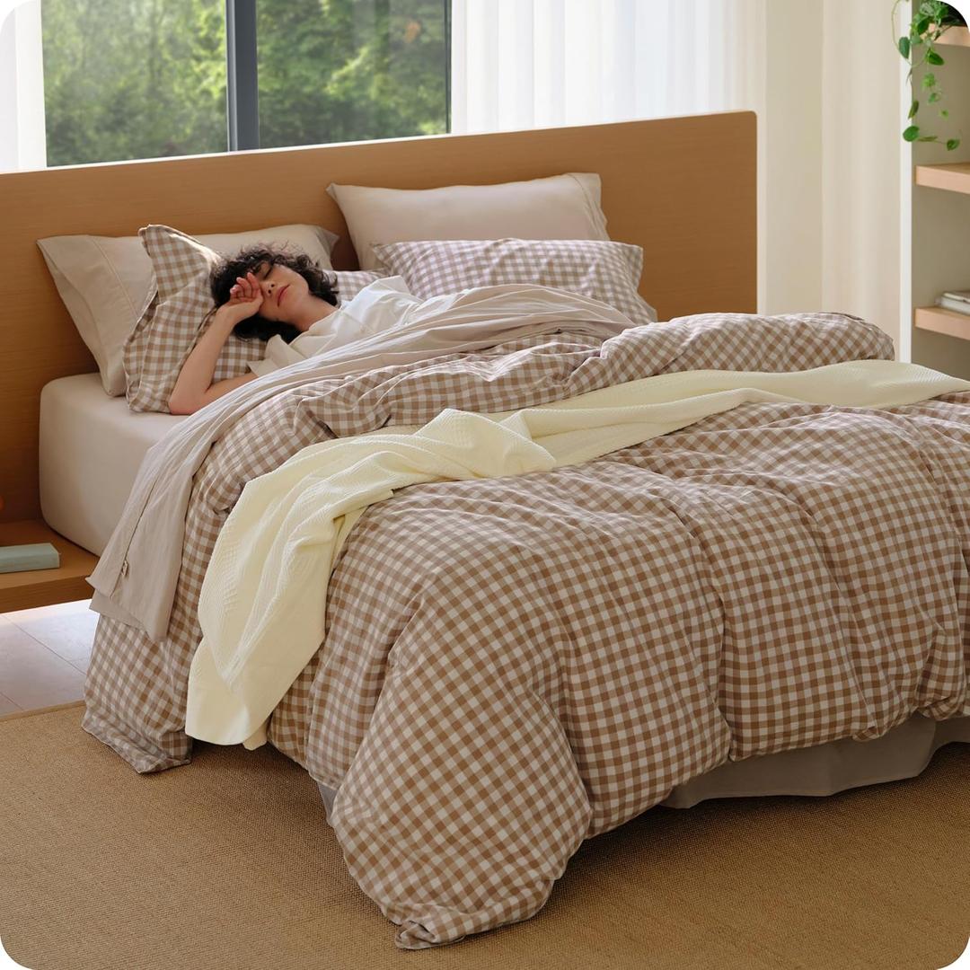 Bedsure Gingham Duvet Cover King, 100% Washed Cotton Duvet Cover LinenLike, PureWoven with Reversible YarnDyed Design & DoubleStitch Craft, 3-Piece with Zipper, Gingham Light Brown, 104"x90"