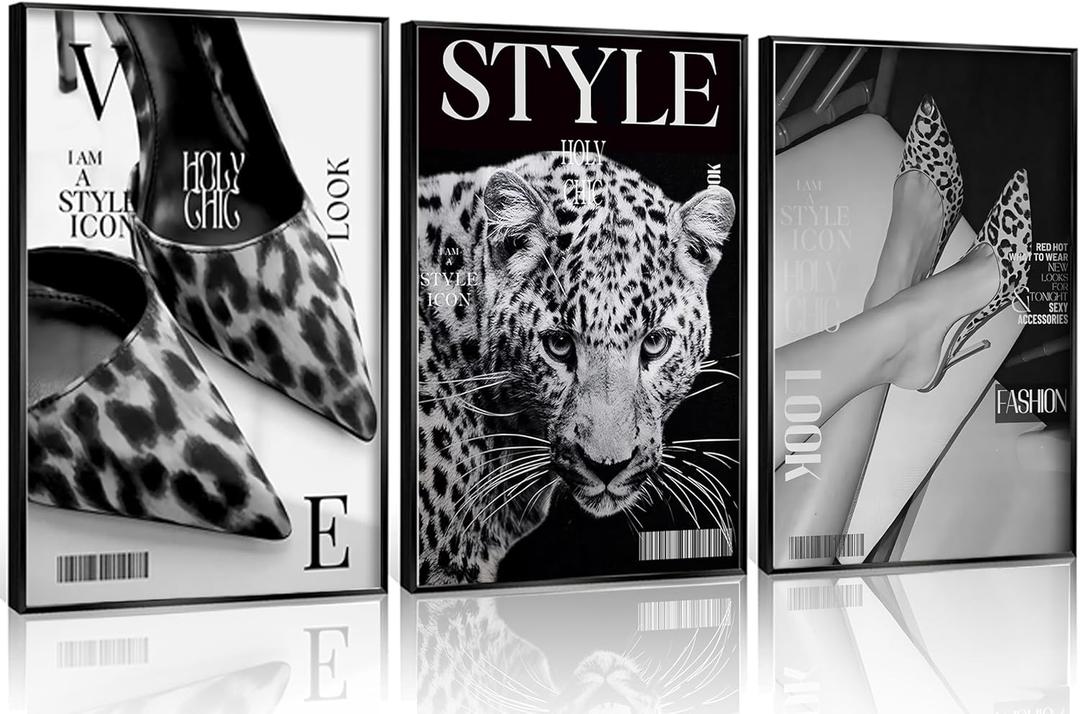 Trendy Leopard Wall Art Vintage Magazine Leopard Heels Poster Canvas Decoration Paintings Preppy Luxury Y2k Aesthetic Girl Room Printed Artwork for Bedroom Apartment Dorm Scene Home Decor unframed (16L" x 12W" Poater)