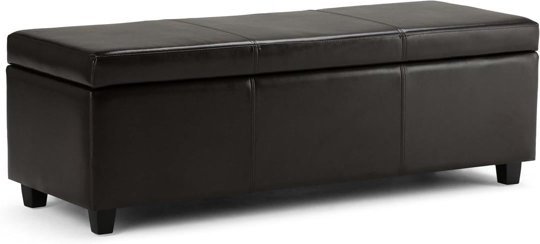 SIMPLIHOME Avalon Storage Ottoman Bench - 48 inch Wide Upholstered Vegan Leather Rectangular Lift-Top Ottoman in Tanners Brown, Contemporary Storage Bench for Living Room with High-Density Foam