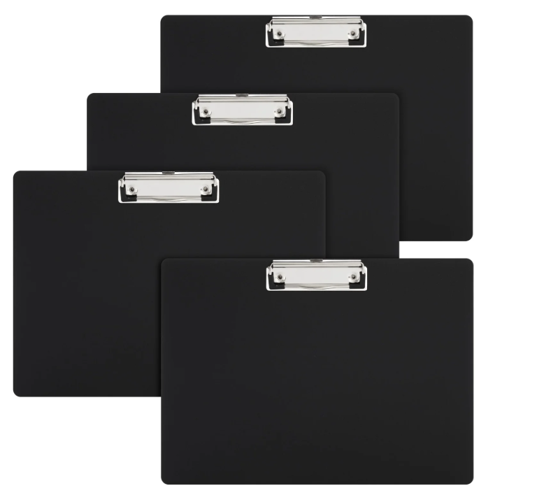 Juvale Landscape Clipboard - 12.4 x 8.9 in, Black Plastic, 4-Pack, Classic - Horizontal Clipboard with Low-Profile Clip - Letter-Size Sketching & Drawing Board