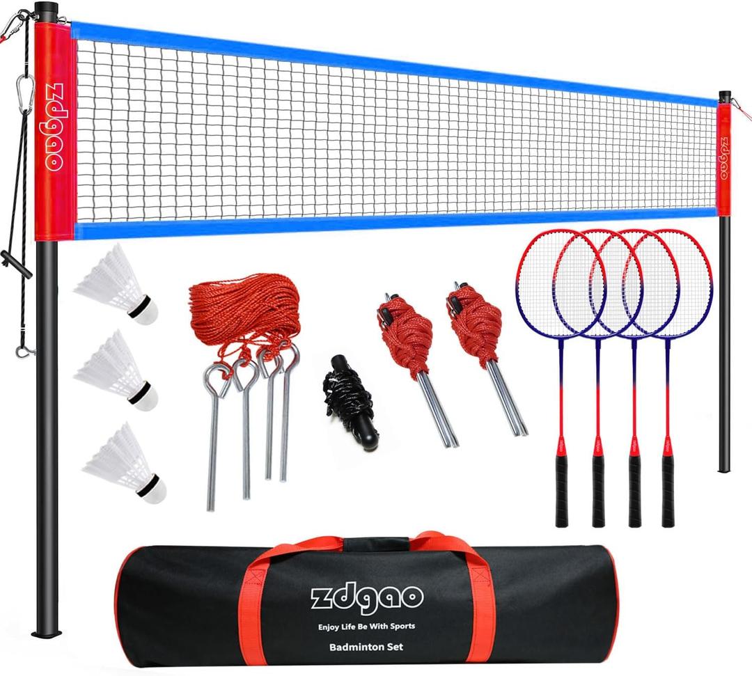 Zdgao Badminton Sets for Backyard, Portable Badminton Net with Tension Adjuster, Badminton Racket Set of 4, 3 Nylon Shuttlecocks, Boundary Line and Carry Bag for Backyard Beach Family Games, 20 feet x 30"