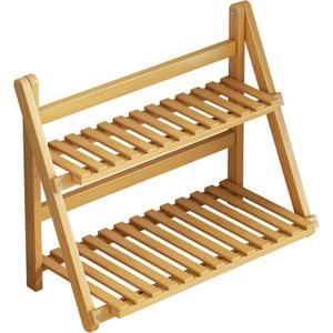 YANQINQIN Bamboo Double-Layer Storage Shelf - 11.8" L x 7.5" W x 13.8" H, Foldable Wooden 2-Tier Ladder Shelves,for Kitchen, Desk, Bathroom, Garden，Secure Storage, Stable Design