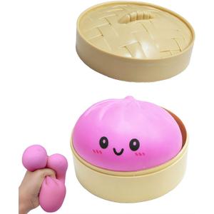 Dumpling Squishies Toy,Giant Glitter Dumpling,with Steamer,Soft Squeeze Decompression Dough for Adults,Simulation Food Squishies Bun (Pink)