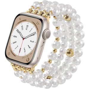 V-MORO Compatible with Apple Watch Band Pearl Series 11/10/9/8/7 42mm 41mm 40mm 38mm Women Fashion Handmade Beaded Elastic Strap Dressy Stretch Bracelet for iwatch SE Series 6/5/4/3/2/1-White/Gold