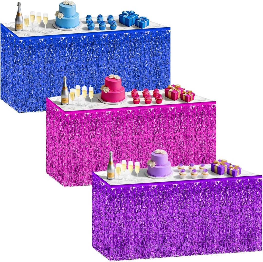cyxevous Tinsel Table Skirt Purple Pink Blue Foil Fringe Table Decoration for Movie Hunters Party Decorations (29.5 * 108 inch)