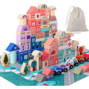 Migargle Wooden Building Blocks Set, City Construction Stacker Stacking Preschool Learning Educational Toys, Toddler Toys for 3+ Year Old Boy and Girl Gifts