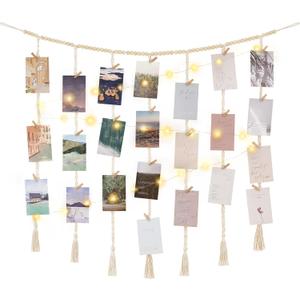 Mkono Macrame Hanging Photo Display Wall Decor with String Lights, Boho Wooden Beads Garland Collage Picture Card Frame Holder with 45 Clips for Bedroom Living Room Dorm, Teen Girls Christmas Gifts (Large, Ivory)