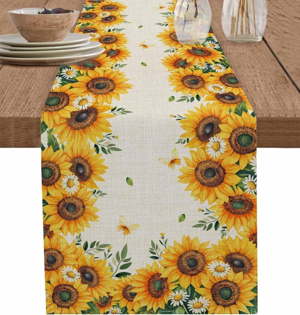 Sunflower Table Runner 13x72 inch, Vintage Farmhouse Daisy Leaf Butterfly Dinning Table Runner for Farmhouse Wedding Party Barbecue Table Decor