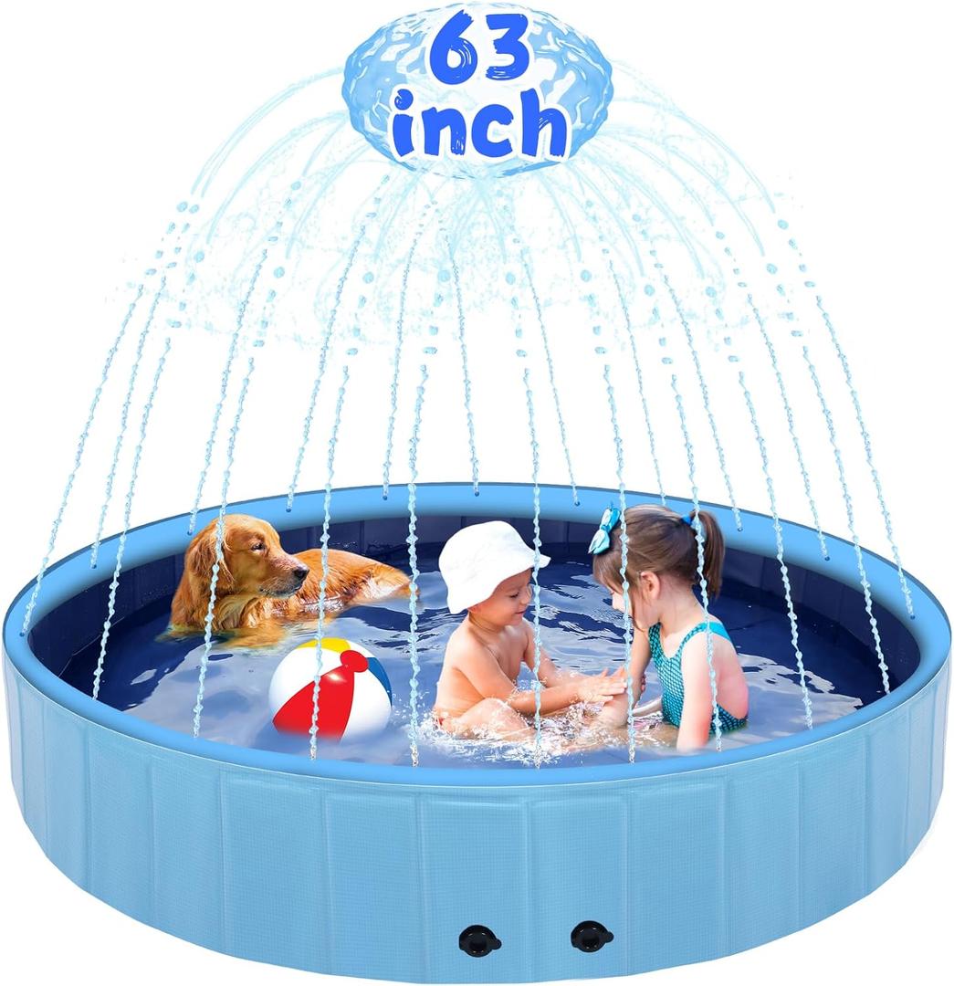 63" Large Dog Pool with Sprinkler, 2-in-1 Foldable Swimming Pool Non-Slip Hard Plastic Splash Sprinkler Kiddie Pool for Outdoor Backyard Kids Dogs Ducks and Pet Baths