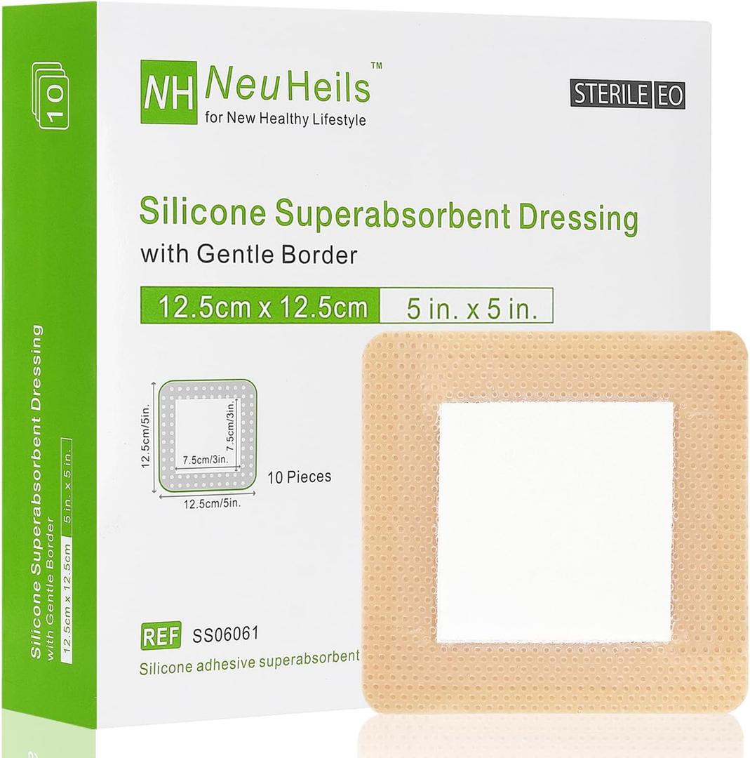 NeuHeils Silicone Super Absorbent Wound Dressing 5''x5'' 10 Packs, Self-Adhesive Waterproof Bandage with Ultrasorb Polymer Pad for Heavy Exudates Wound