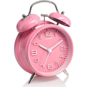 Peakeep 4 Inches Twin Bell Loud Alarm Clock for Heavy Sleepers Kids, Battery Operated Old Fashioned Alarm Clock (3D-Dial, Pink)