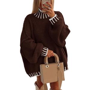 PRETTYGARDEN Women's 2026 Fall Oversized Pullover Sweaters Long Sleeve Mock Neck Chunky Knit Jumper Tops Winter Clothing (Large, Brown)