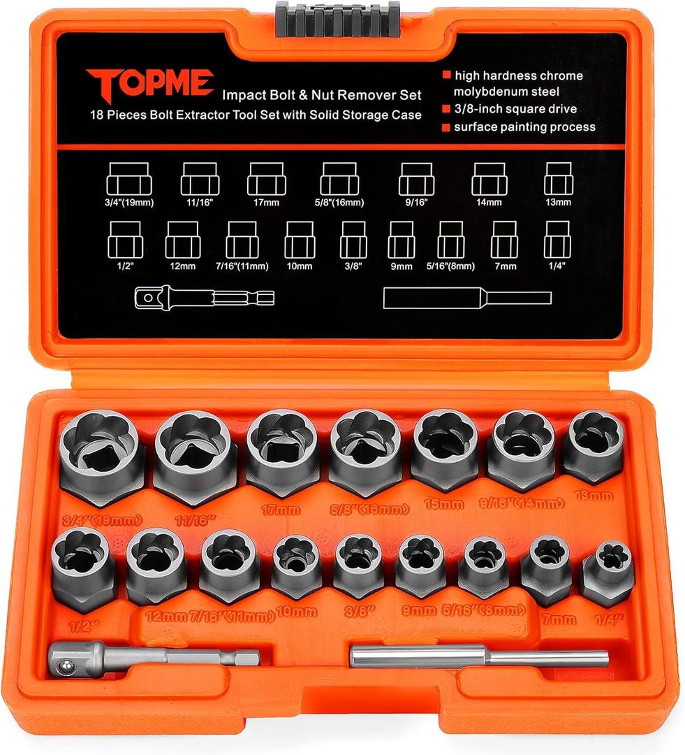 18 Piece Bolt Extractor Set, 3/ 8" Drive Rounded Bolt & Nut Remover, Lug Nut Removal Tool with Hex Adapter, Stripped For Damaged, Frozen, Studs, Rusted, Rounded-Off Bolts, Nuts & Screws