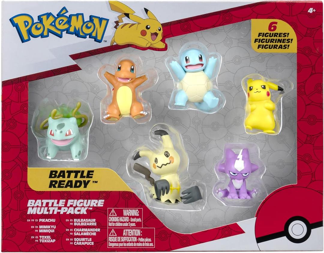Pokmon Battle Figure 6 Pack-Features 2-Inch Pikachu, Squirtle, Charmander, Bulbasaur, Mimikyu & Toxel-Authentic Details