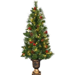 Goplus 5 FT Christmas Tree Pre-Lit Tabletop Artificial Entrance Tree with 100 Led Lights, Gold Urn Base, Pine Cones and Red Berries