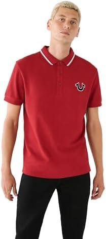 True Religion Men's JV7 Tipped Polo – Short Sleeve Cut & Sew Knit Polo Shirt with Contrast Trim & Logo Size XL, Red