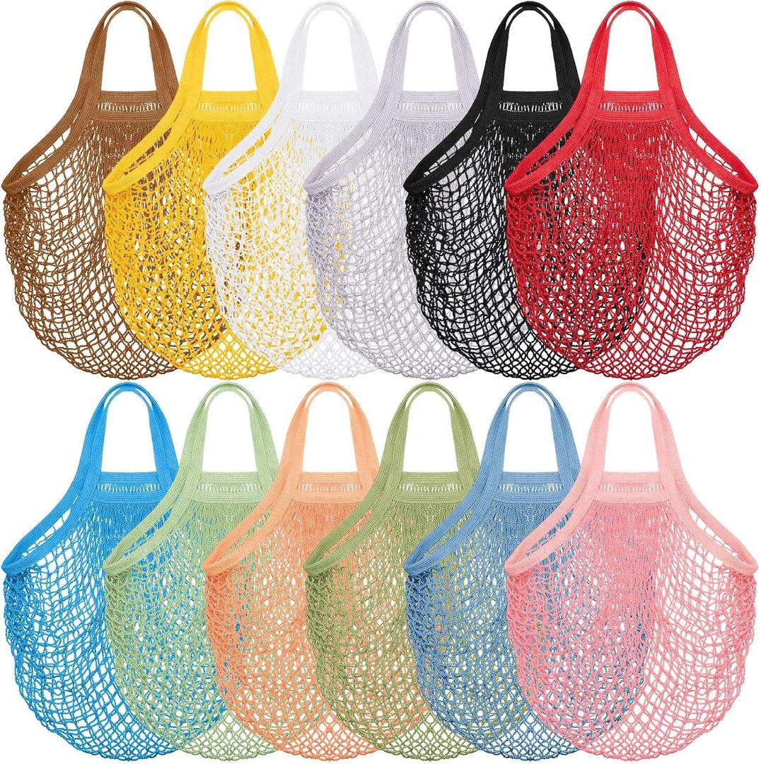 Shappy 12 Pack Reusable Mesh Grocery Bags Large Crochet Market Bag Cotton Kitchen Tote for Fruit Vegetable Storage (Classic Colors)