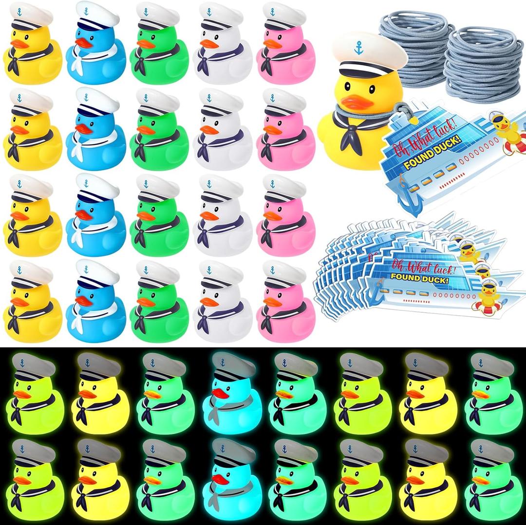 Lenwen 120 Pcs Duck Tag Cruise Kit 40 Mini Cruising Rubber Ducks 40 Cruise Tag Card 40 Elastic Rubber Bands for Cruising Hiding Ducking Luggage Carnival Game Rewards (Vibrant Colors,Glow in The Dark)