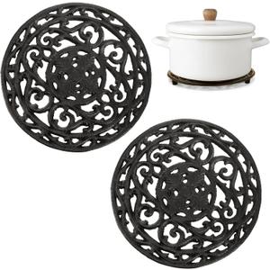 2 Pack Cast Iron Trivet, 8 Inch Round Metal Trivets with Rubber Feet Caps, Rustproof Heat Resistant Hot Pot Plate Stand Holder Mat Pad for Kitchen, Dining Table, Countertop