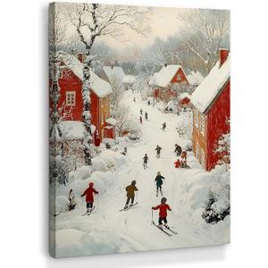 XINCEYWJ Vintage Ski Winter Wall Art Decor, Winter Ski Skiing Canvas Art Prints Framed, Rustic Retro Snowy Farmhouse Landscape Pictures Wall Decorations for Home Bedroom Living Room, 11x14 Inches