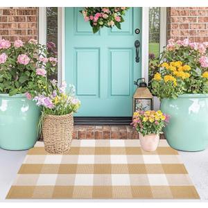 Front Door Mats Outdoor 24''X35'' Khaki and White Fall Layered Doormat Cotton Woven Farmhouse Washable Small Area Rug for Welcome Mat/Entryway/Bedroom/Living Room