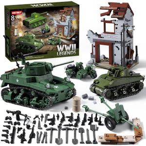 WW2 Army Tank Toys Building Sets Compatible with Lego (1452 Pieces), Includes US Sherman & Stuart Tanks, War-Torn Building, Many Military Weapons & More, Gift Ideals for Military Fans, Kids & Adults