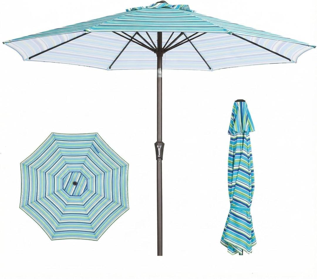 PatioKingdom 9FT Patio Outdoor Umbrella-UPF 50+ Sun Shade with Wind Vent, Push-Button Tilt & Smooth Crank Lift, Rust-Resistant Fiberglass Frame for Garden, Backyard,Yard (Blue Green Stripes)