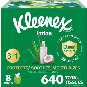 Kleenex Lotion Facial Tissues with Coconut Oil, 8 Cube Boxes, 80 Tissues Per Box, 3-Ply (White)