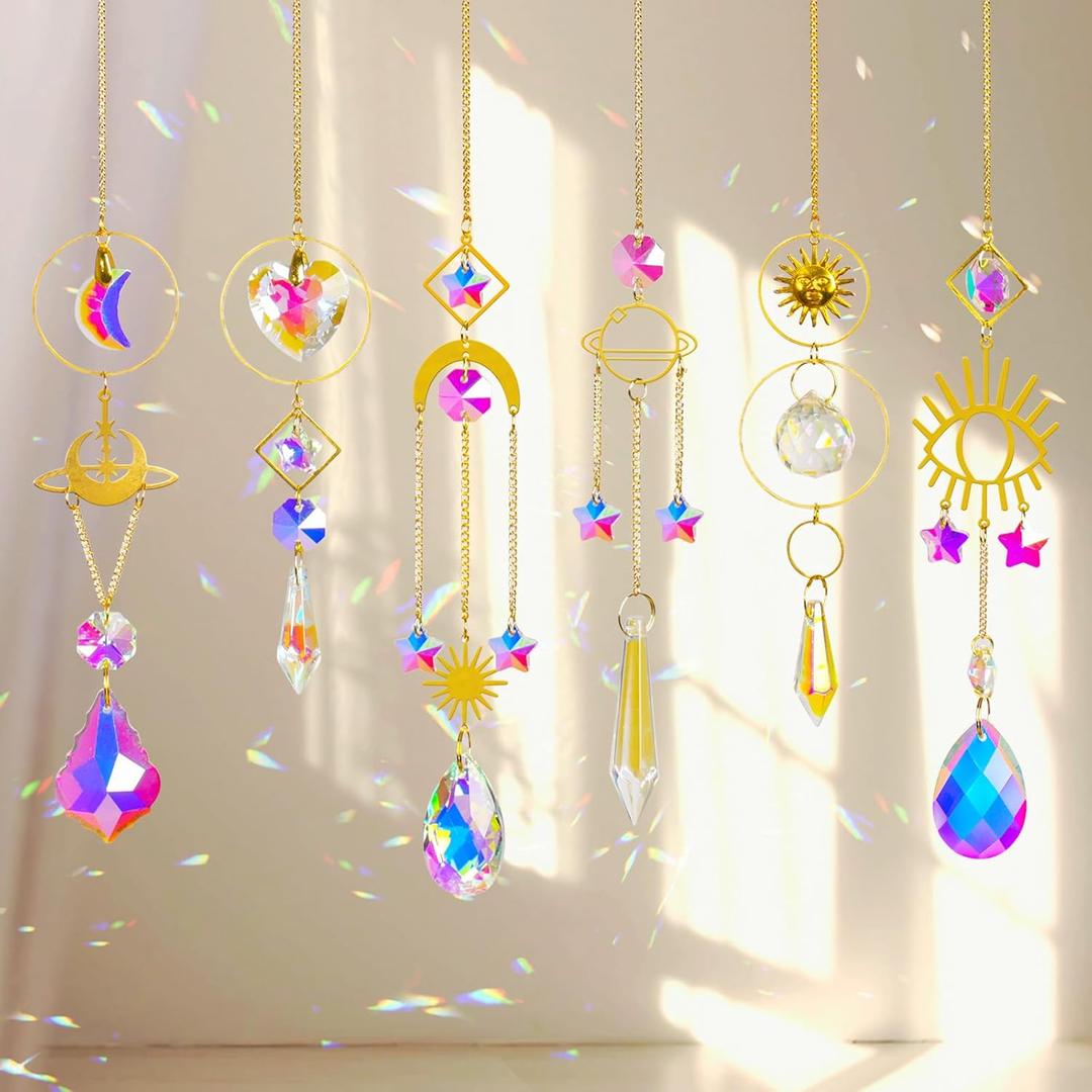 Sun Catchers 6Pieces Colorful Crystals Suncatcher with Chain Pendant Ornaments Hanging Crystals Prism Rainbow for Window Home Indoor Outdoor Car Mirror Garden Christmas Day Party (Gold New)