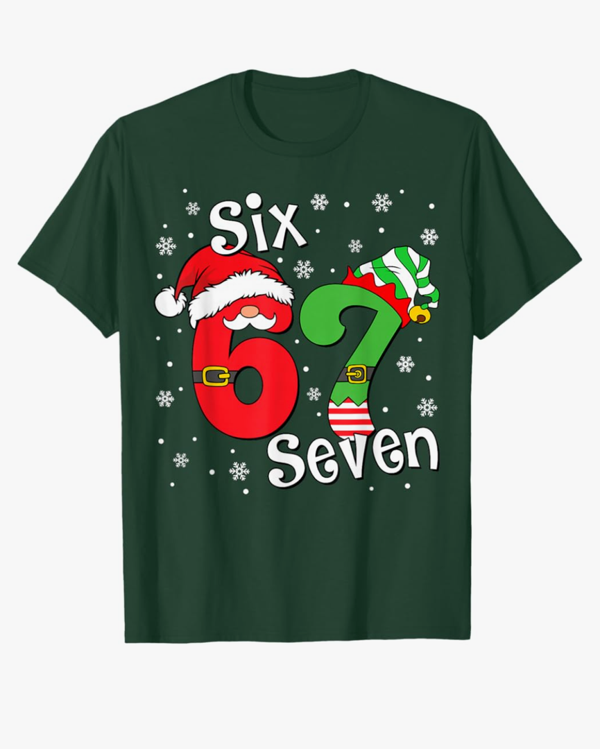 Funny Six Seven 67 Meme 6 7 Elf Santa Christmas Pajamas Kids T-Shirt Size M