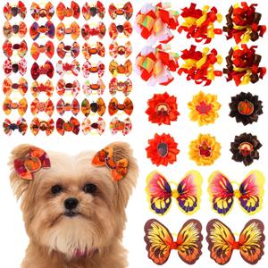 52 Pcs Fall Thanksgiving Dog Hair Bows Bulk with Rubber Bands Autumn Dog Grooming Bows Holiday Fall Thanksgiving Day Party Cute Pet Puppy Cats Top Knot Hair Accessories