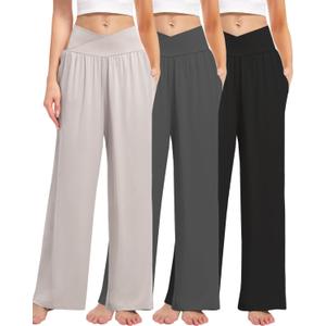 3 Pack Women's Wide Leg Pants Crossover with Pockets High Waist Loose Sweatpants Casual Lounge Yoga Workout Palazzo (X-Large, Black/Grey/Light Gray)