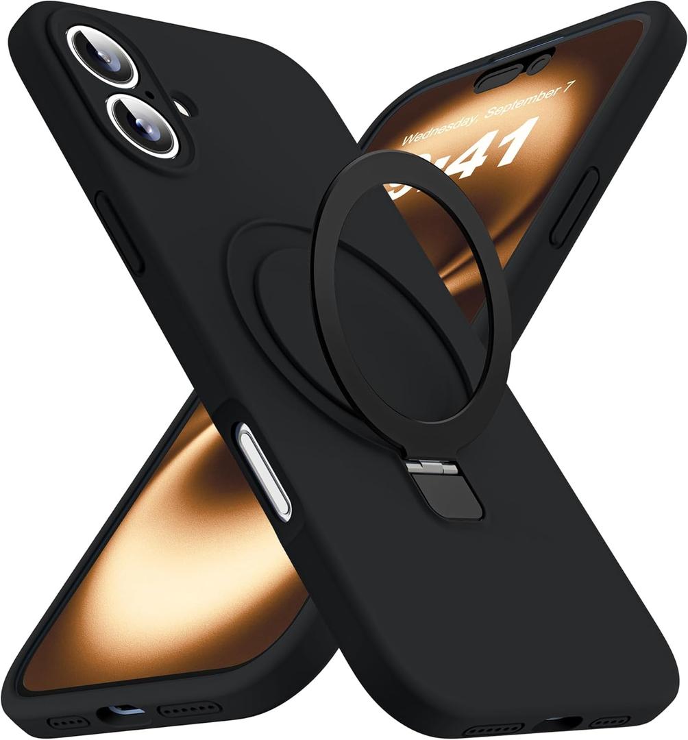 SKYLMW Designed for iPhone 16 Case with Magnetic Invisible Stand Compatible with Mag-Safe Military Drop Tested Shockproof Silicone iPhone 16 Phone Cases for Women Men 6.1'', Black