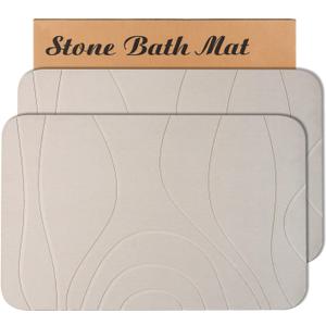 Stone Bath Mat, 2 Pack Diatomaceous Earth Shower Mat, Non-Slip Super Absorbent Quick Drying Bathroom Floor Mat, 24x15, Greyish White