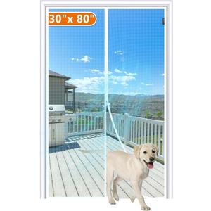 MAGZO Magnetic Screen Door Fit Door Size 30 x 80 Inch, Screen Size 32" x 81" Strong Magnet Door Mesh with Reinforced Hook & Loop for Patio, Sliding, French, White