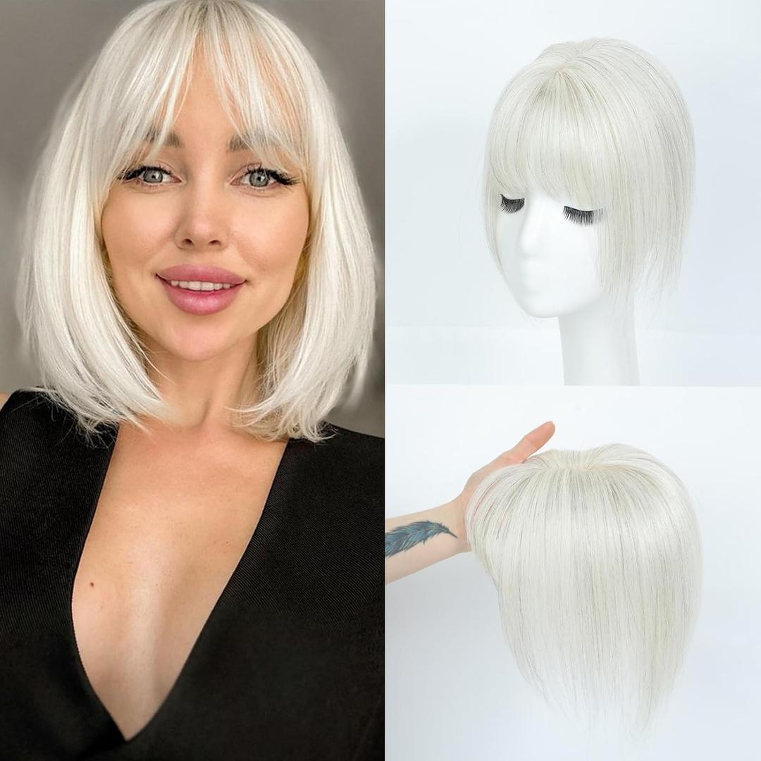 Hair Toppers For Women Real Human Hair Short Length 10 Inches Topper For Slightly Loss And Covering Gray 7 * 11 French Style Bangs Platinum Blonde Color For Adding Volume