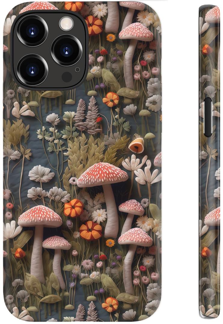 STARVIP for iPhone 14 Pro Case, Wireless Charging Compatible, Dual-Layer Soft Silicone + Hard Shell with Cute Aesthetic Wildflower Design,Protective Phone Cover for Women - Mushroom Forest