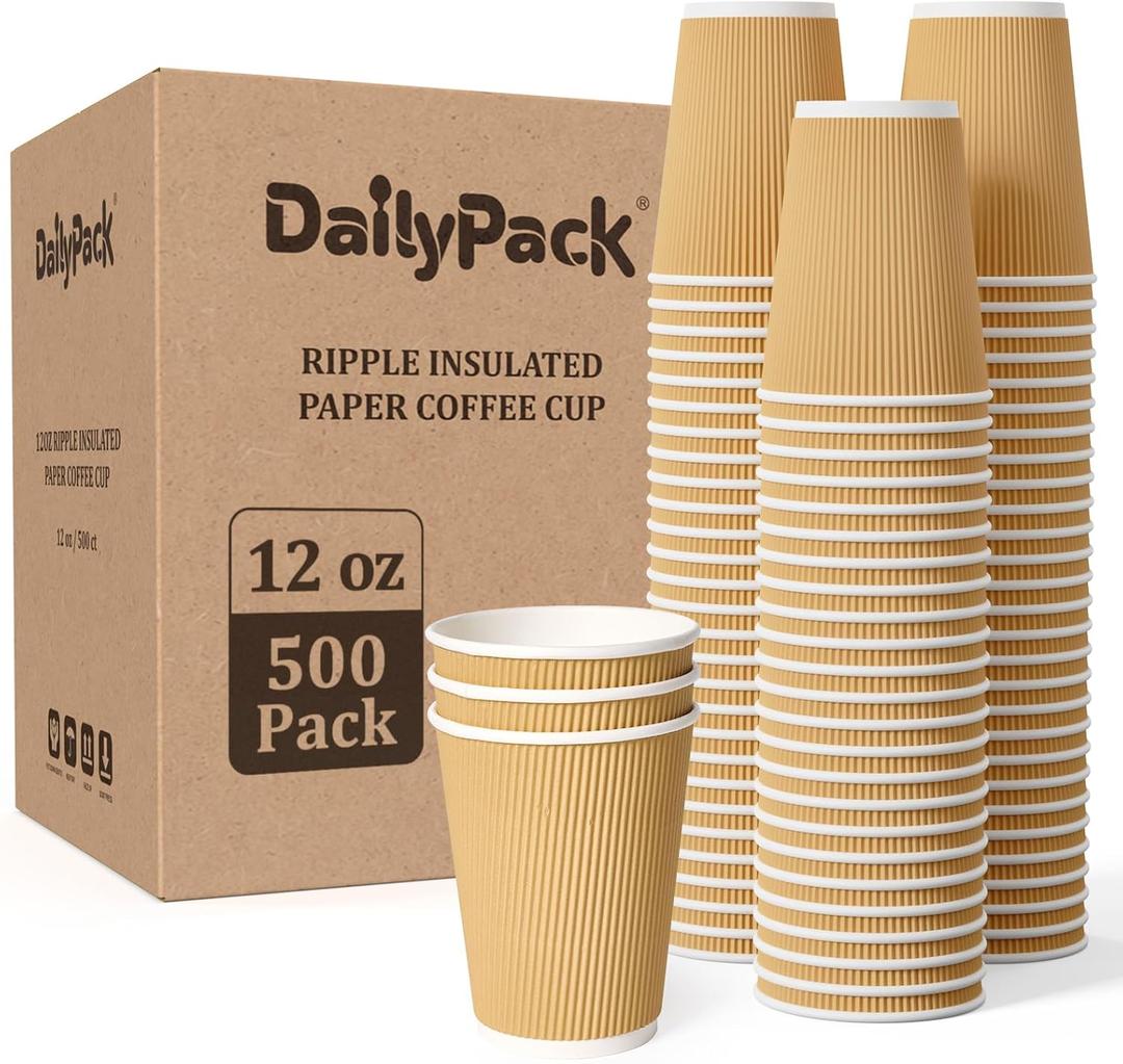 500 Pack 12 oz Coffee Cups, Insulated Ripple Wall Hot Coffee Cups for Home, Office, Hotel, Meetings, Parties