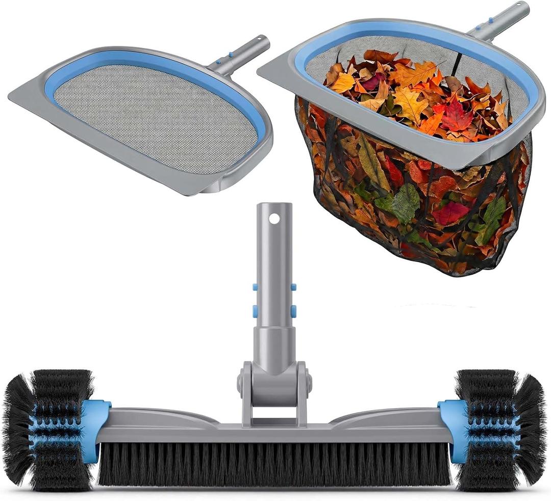 UIRWAY 3-in-1 Deluxe Swimming Pool Cleaning Kit - Includes Pool Brush with Detachable Side Round Ends, Deep Leaf Skimmer Net & Flat Fine Mesh Net for Inground & Above Ground Pools Cleaning(No Pole)