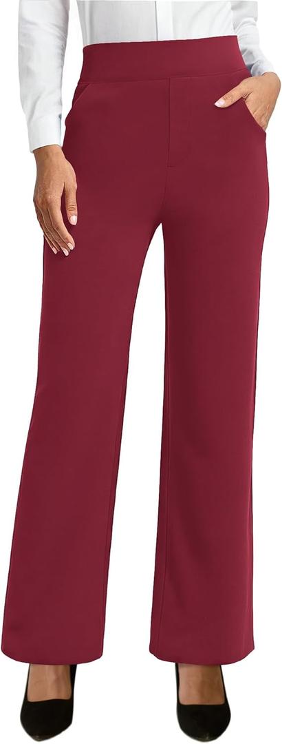 Womens Dress Pants Straight Wide Leg Pull on Work Pants Business Office Slacks with Pockets (Large, Wine Red)