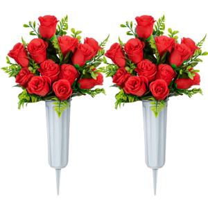 XONOR Artificial Cemetery Flowers, Set of 2 Artificial Rose Bouquet Grave Memorial Flowers with Vase for Cemetery Headstones Decoration (Red)