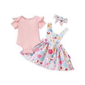 Newborn Baby Girl Dress Outfit Ribbed Ruffle Short Sleeve Romper Floral Layered Overall Skirt Set Summer 3-6M