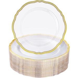 Hioasis 60pcs Clear Plastic Plates - Clear and Gold Disposable Dinnerware with Gold Rim, Heavy-duty, 7.5 inch, Dessert Plates for Party & Wedding