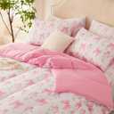 CCoutueChen Pink Bow Comforter Set Queen 3Pcs Pink Floral Bedding Set for Girls Kids Romantic Princess Style Bowknot Bedding Ultra Soft Reversible Garden Flower Comforter Sets with 2 Pillowcases